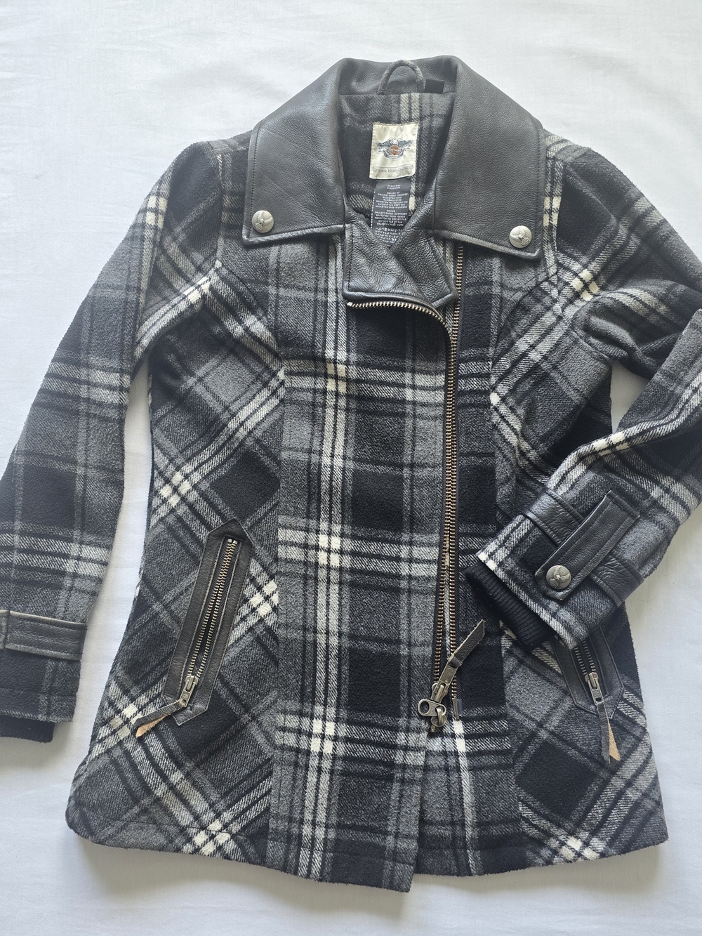 Harley-Davidson Black & Gray Plaid Pea Coat with Leather Collar